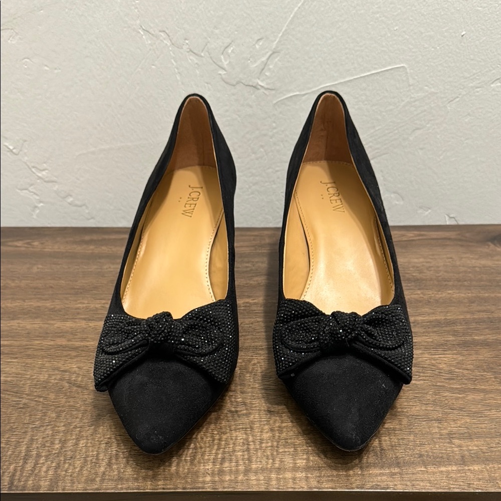 J. Crew Black Pointed-Toe Flats with Bow Detail